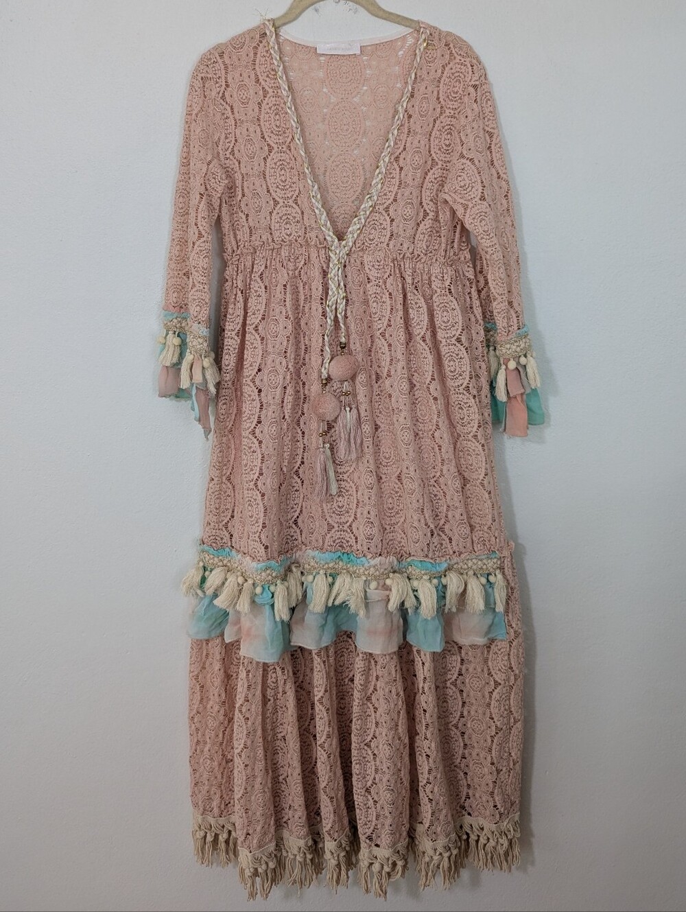 Laurie & Joe Lace Maxi Dress Tassel Fringe Hem Tiered Blush Pink Medium M